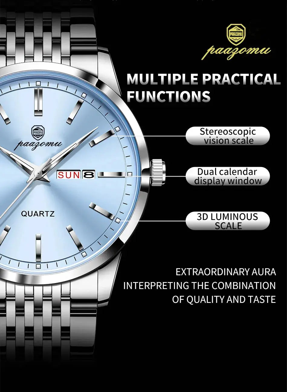 PAAZOMU men's luxury watch, stainless steel band, blue dial, date display, luminous markers