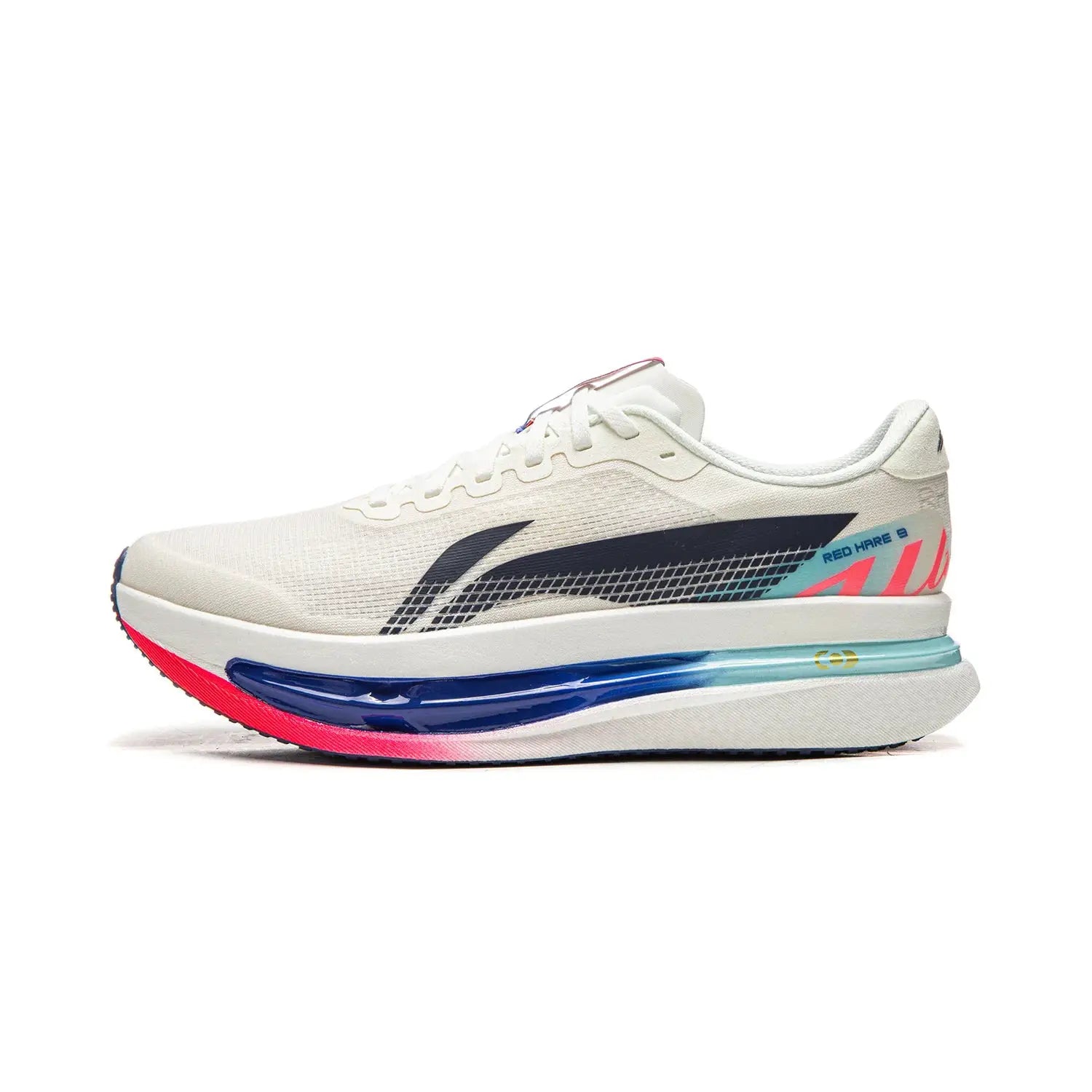 Li-Ning Red Hare 9 Ultra running shoe; white breathable mesh upper with blue-teal gradient midsole and pink outsole