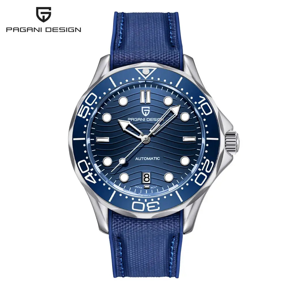 Pagani Design men's automatic watch with blue dial and blue strap, AR sapphire crystal