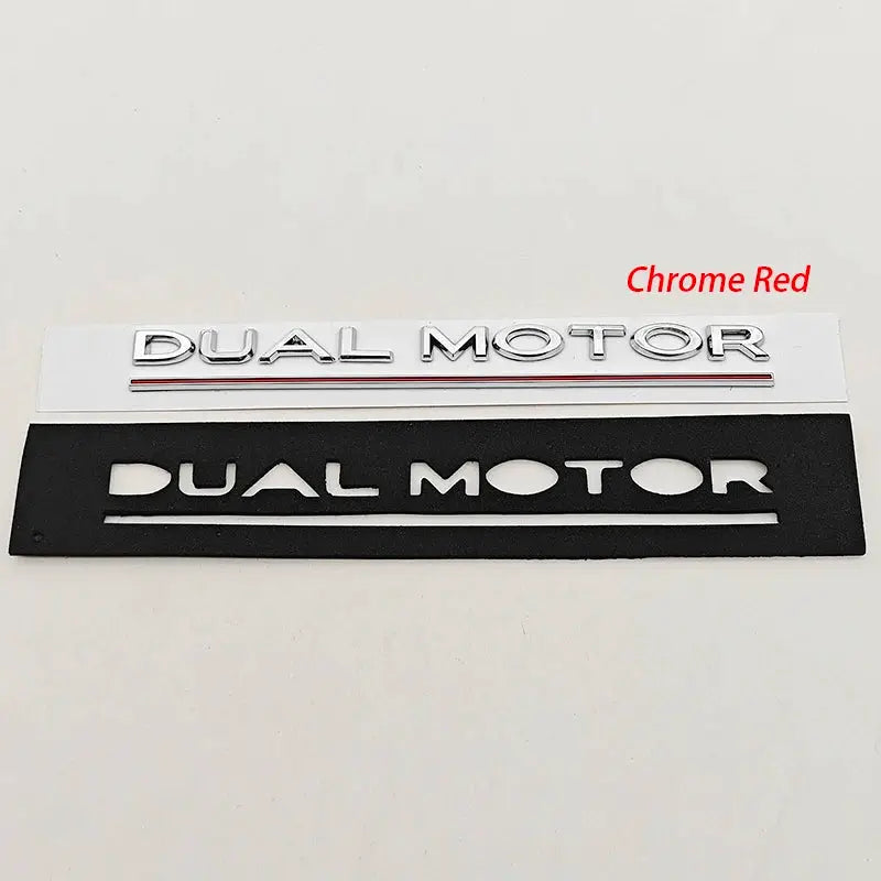 Dual Motor 3D ABS rear trunk badge set in chrome and black with underlined logo for Tesla Model Y/S/X/3
