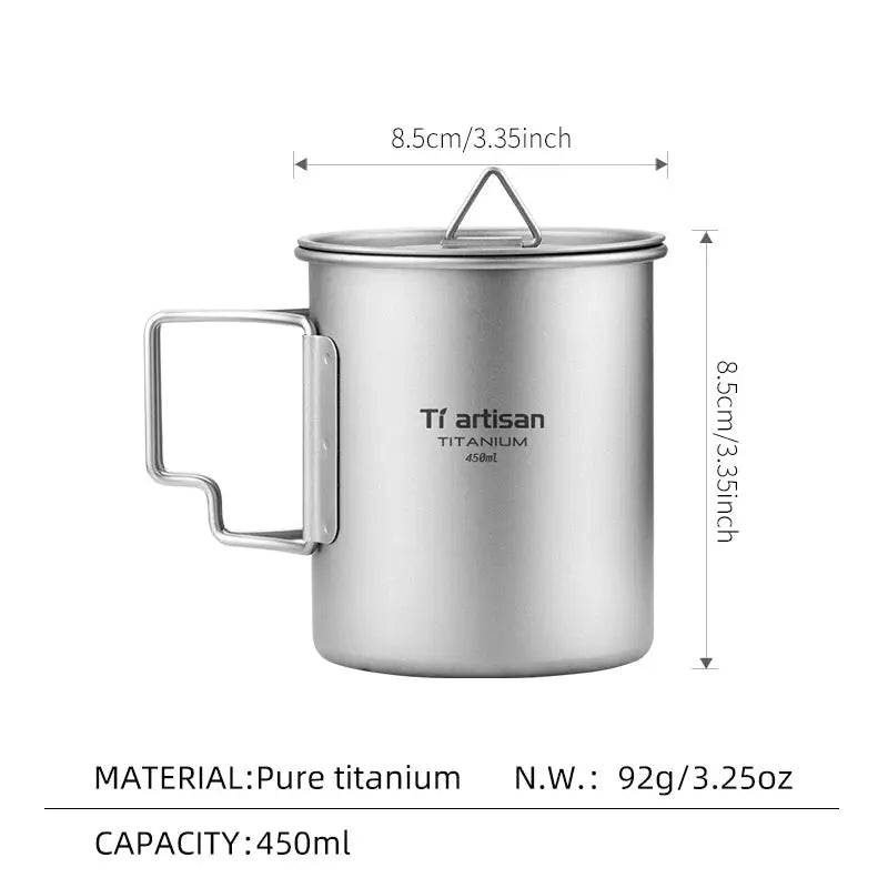 Tiartisan titanium travel mug with folding handle, 450ml capacity, silver finish