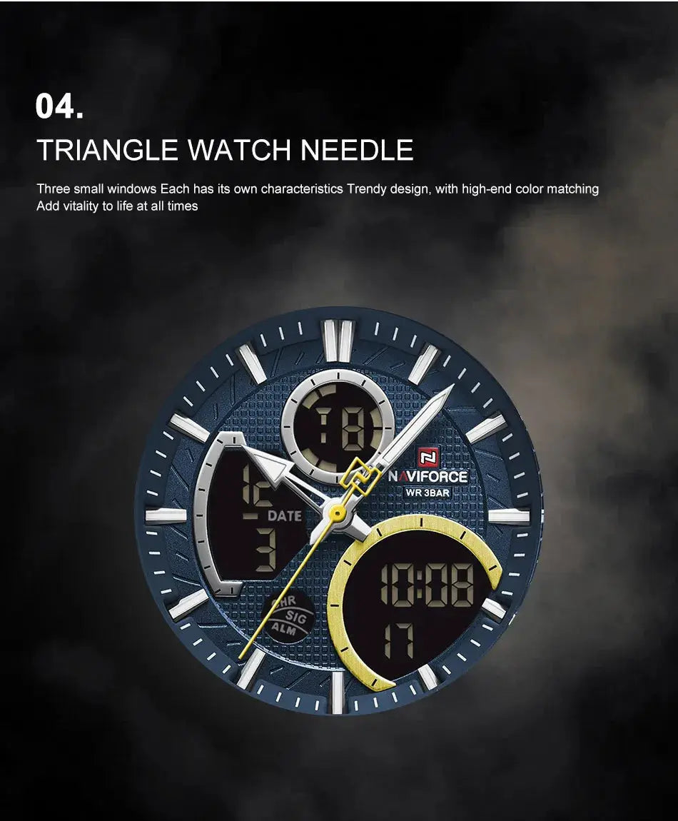 NAVIFORCE men's wristwatch with blue dial, analog-digital chronograph, logo visible.