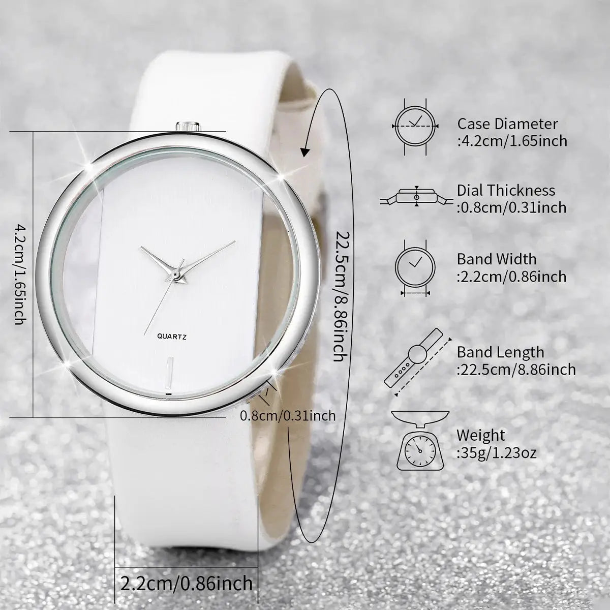 Women's white leather strap quartz watch with hollow dial and crystal-accented bezel.