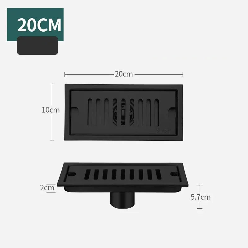 Long rectangular bathroom floor drain, black stainless steel 304, 20cm x 10cm