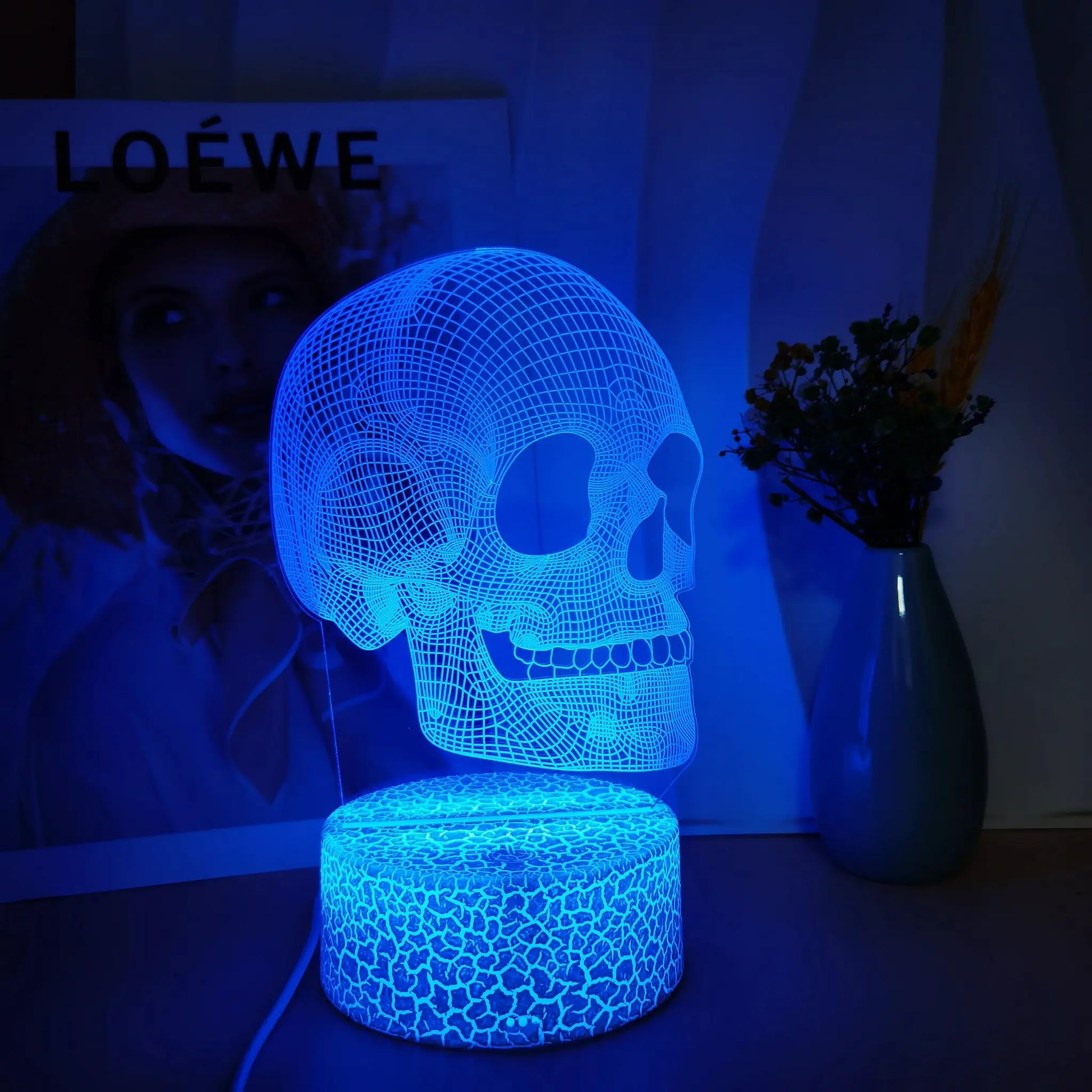 Skull USB night light with blue 3D wireframe glow LED atmospheric decorative lamp for Halloween at home