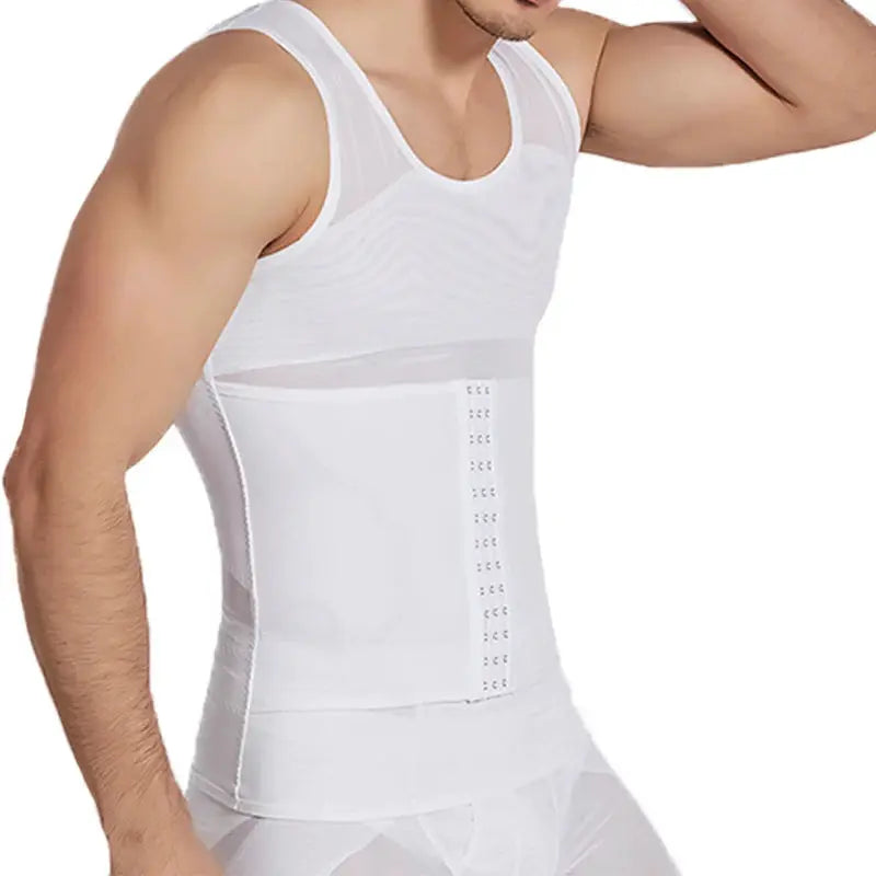 CXZD men's white waist trainer shirt with mesh panels and front hook closure