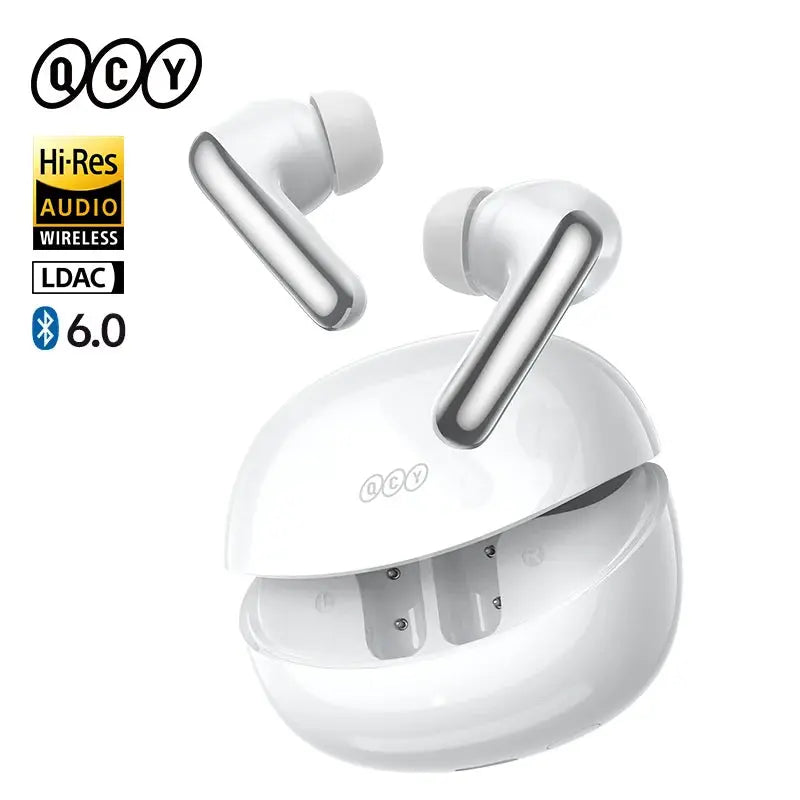 QCY MeloBuds N60 HT19 wireless earphones pair with white charging case