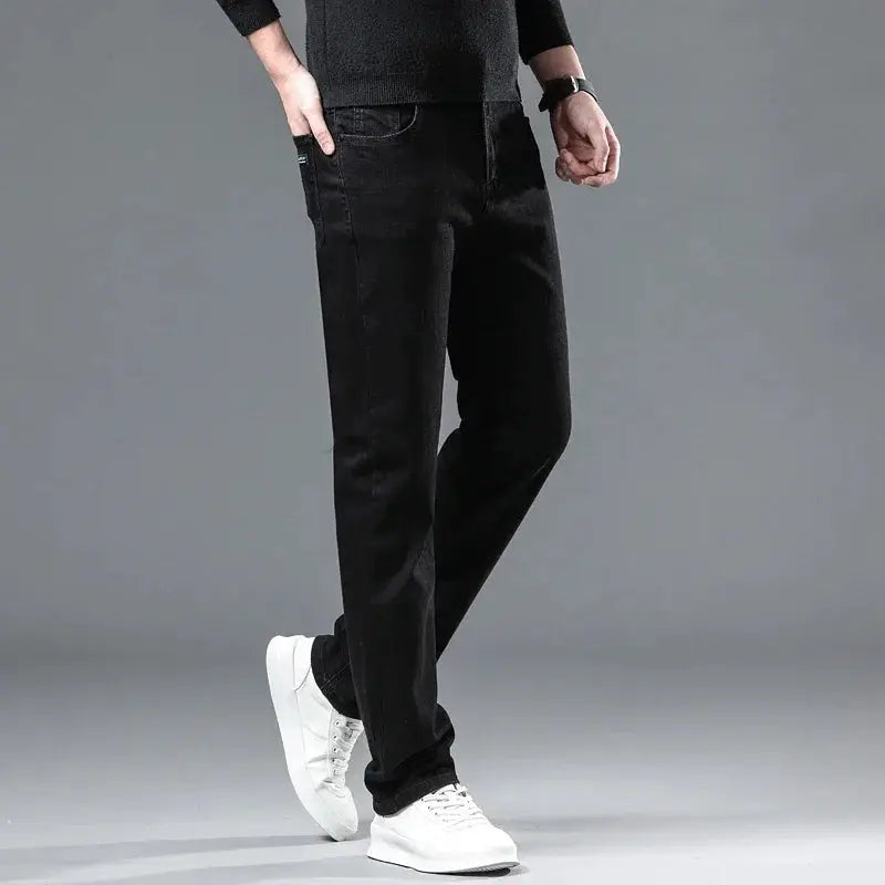 Men's black fleece-lined straight-leg denim pants by Simples Market