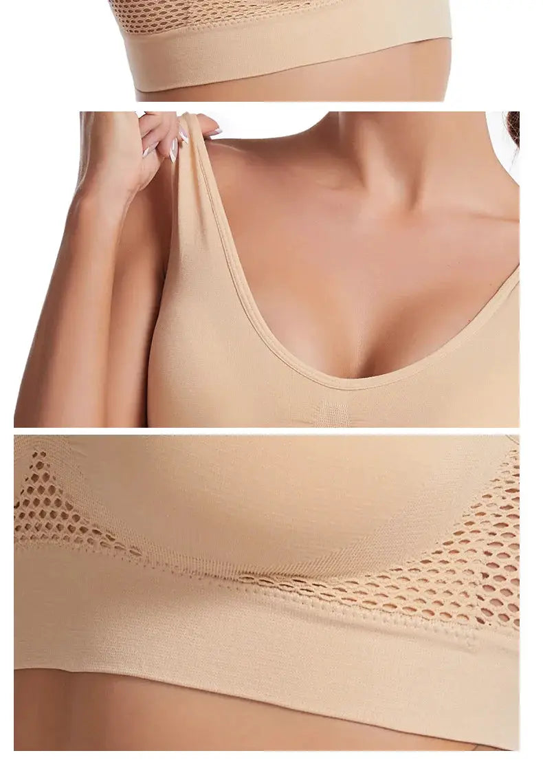 Posture correction bra by Simples Market, seamless nude beige with breathable mesh panels and adjustable straps