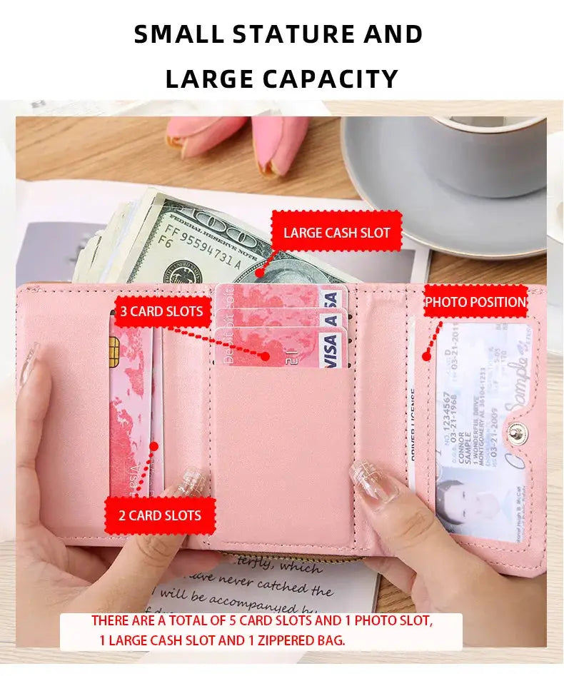 Pink women's wallet with 5 card slots, photo slot, large cash slot and zipper pocket