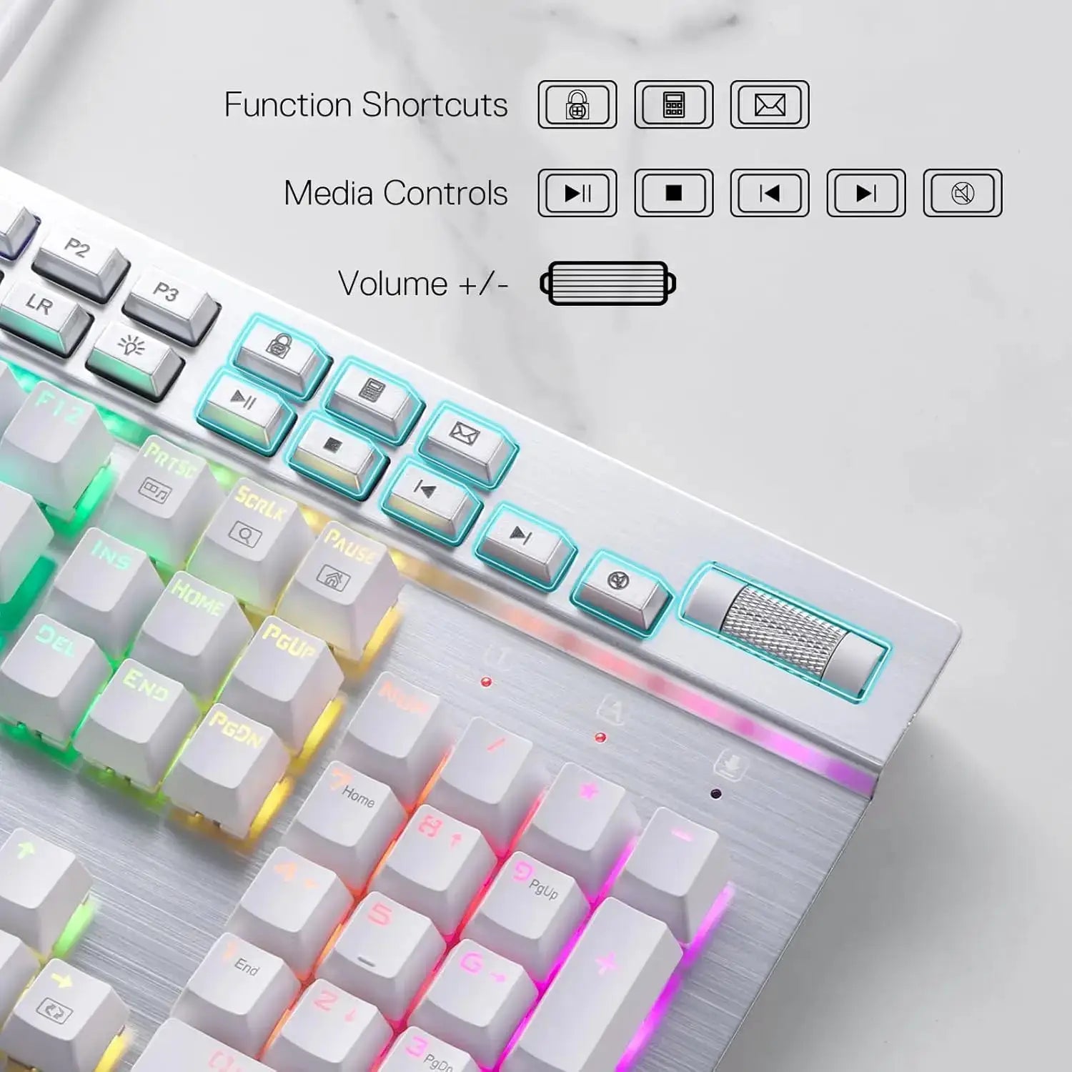 Redragon K550 RGB gaming keyboard with 104 keys and 12 macro G keys, wired, silver metal body with wrist rest