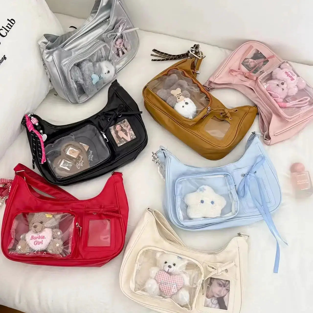 Y2k Harajuku transparent ita bag set by Simples Market; clear-window crossbody purses in assorted colors with plush teddy decor