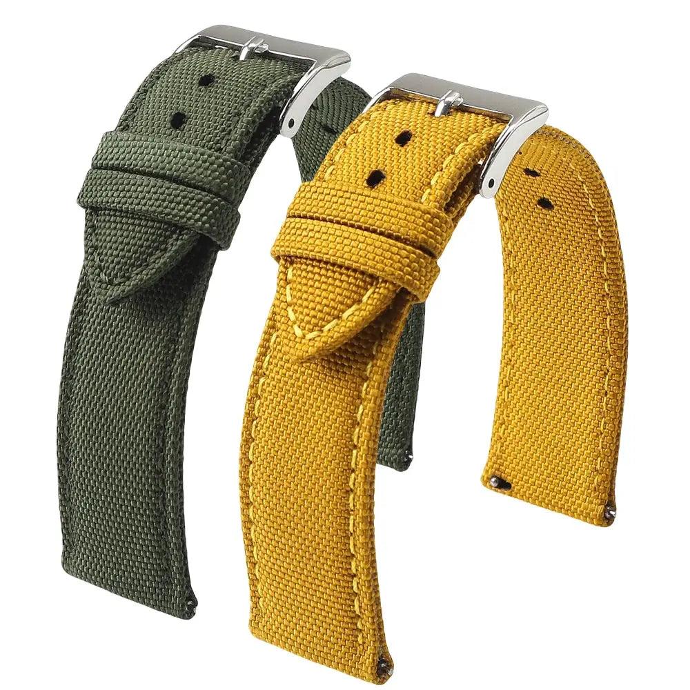 Watch strap pair; two nylon sailcloth bands in green and yellow with quick-release buckles.