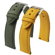 Watch strap pair; two nylon sailcloth bands in green and yellow with quick-release buckles.