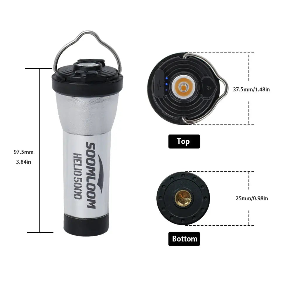 Soomloom Helio 5000 camping lantern; silver body with black end caps, 97.5mm tall.
