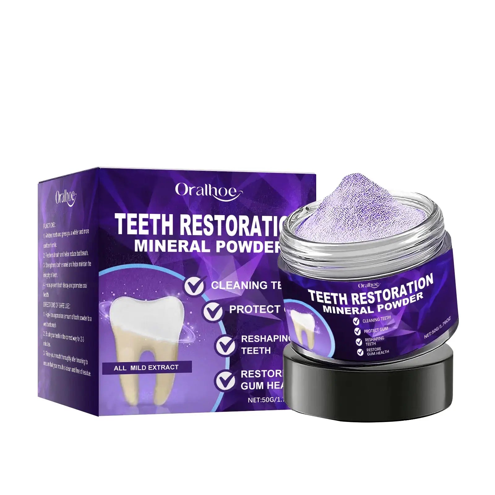 Teeth restoration mineral powder kit with purple jar and purple box by Oralhoe