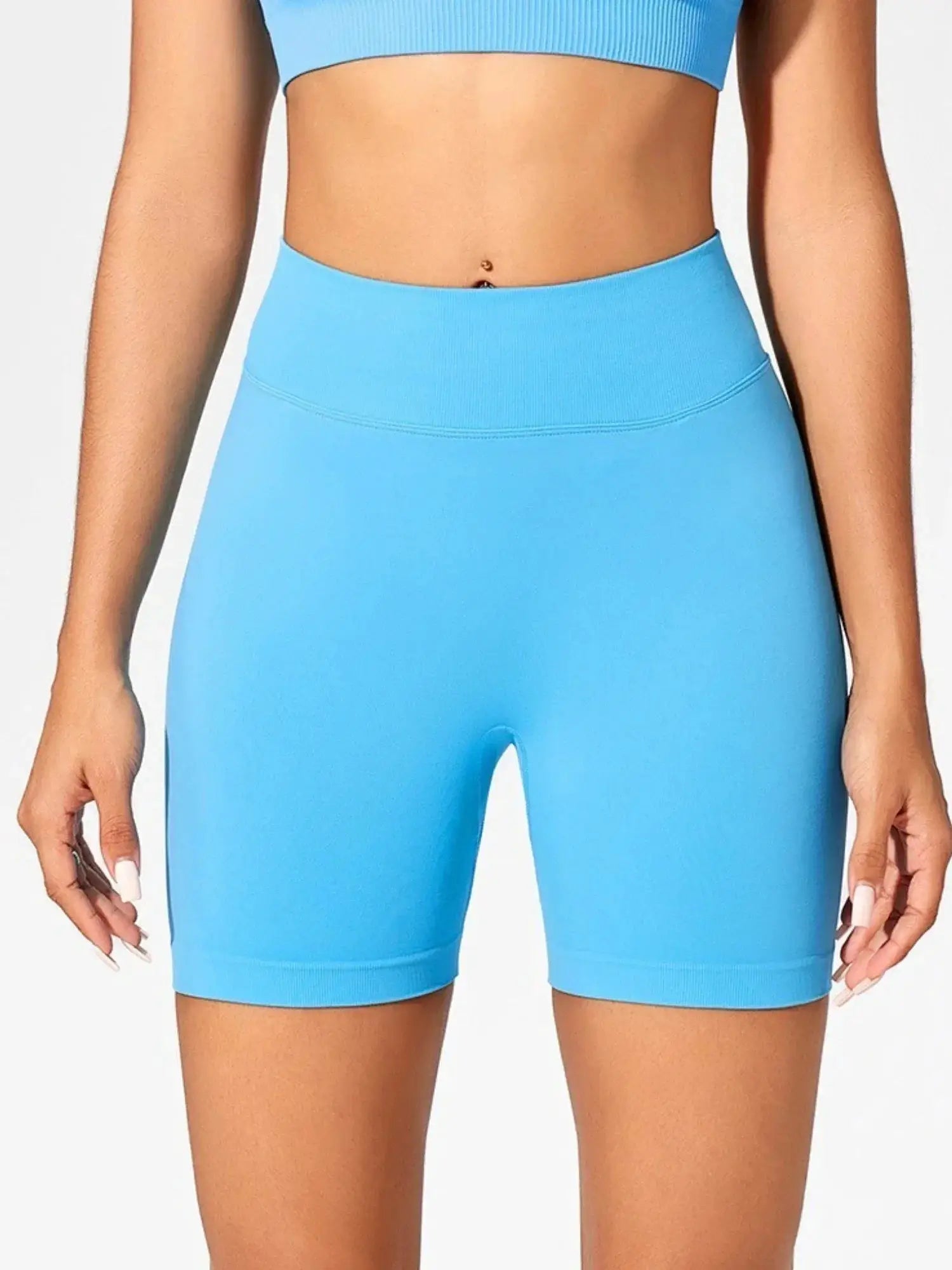 Women's seamless high-waist gym shorts in blue for yoga and workouts