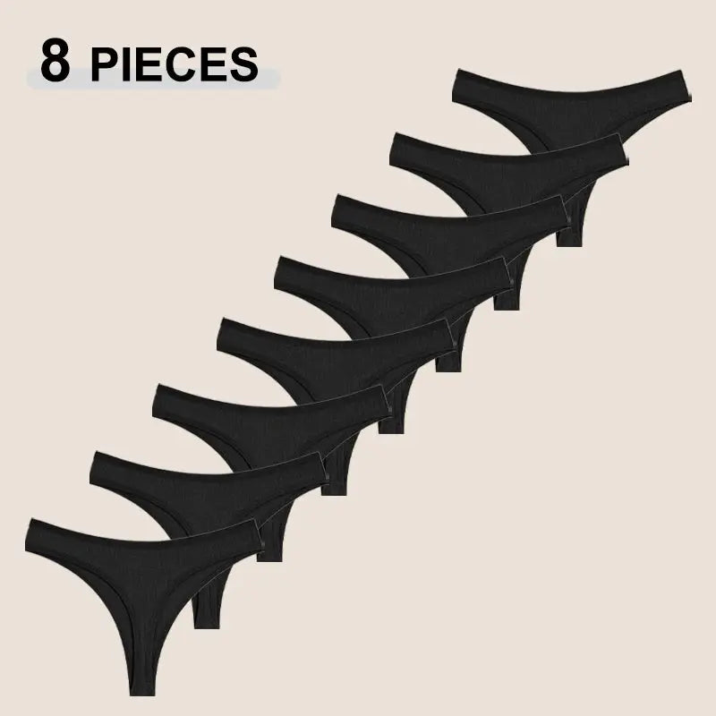 8-piece black cotton seamless thong set for women, low-rise breathable underwear