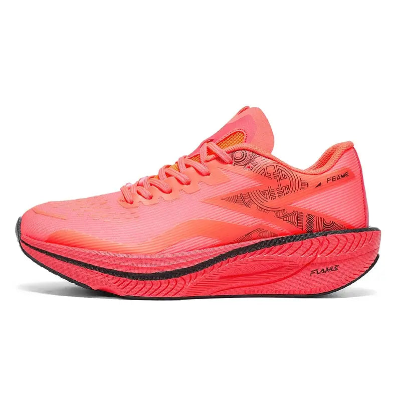 Carbon plate running shoe; neon pink upper with geometric side pattern, lightweight breathable design, curved midsole.