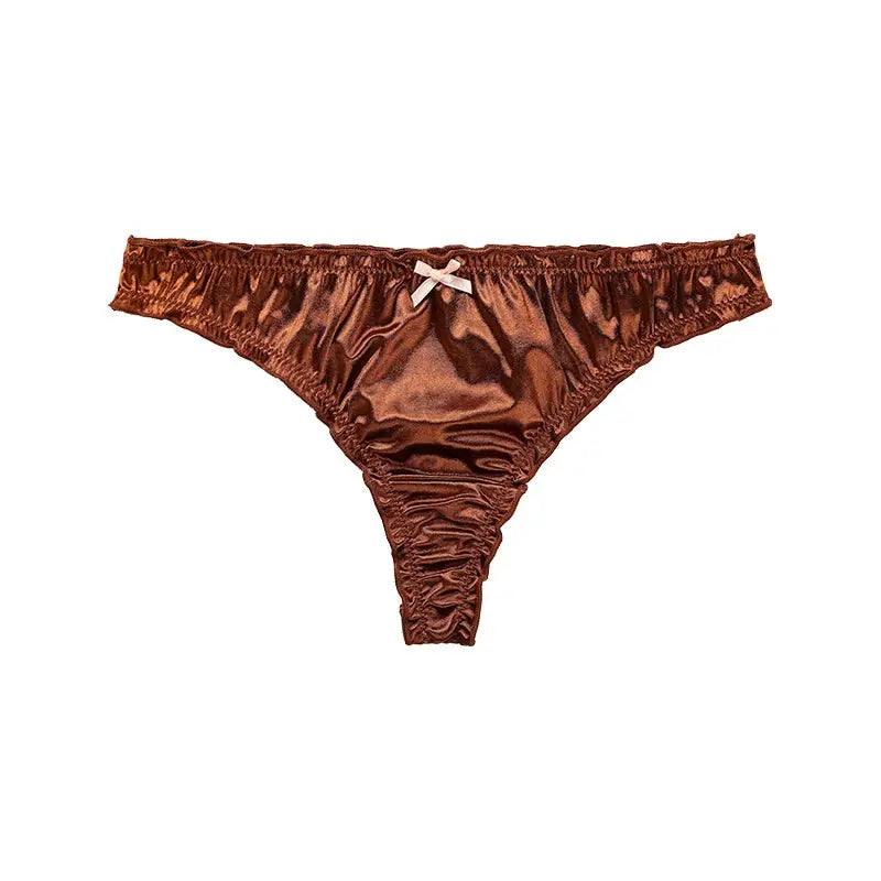 Brown satin ice-silk thong with frill trim and white bow, seamless no-show women's underwear
