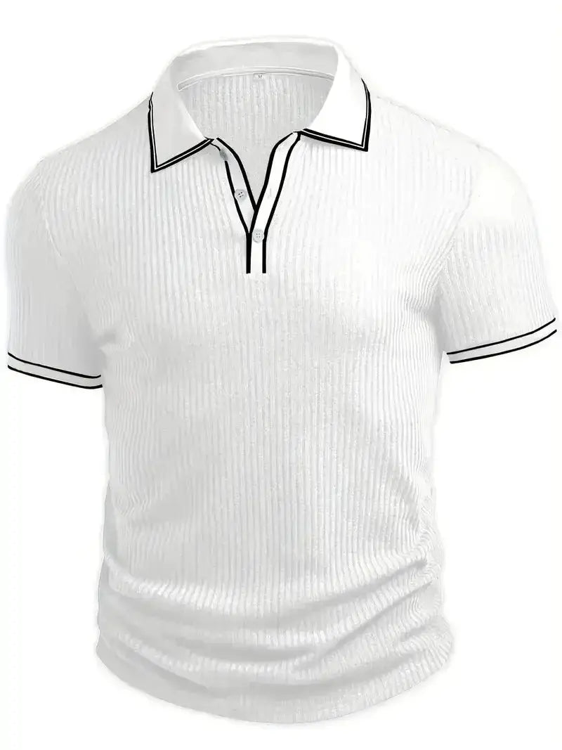Men's white polo shirt with black piping on collar and sleeves, ribbed texture.