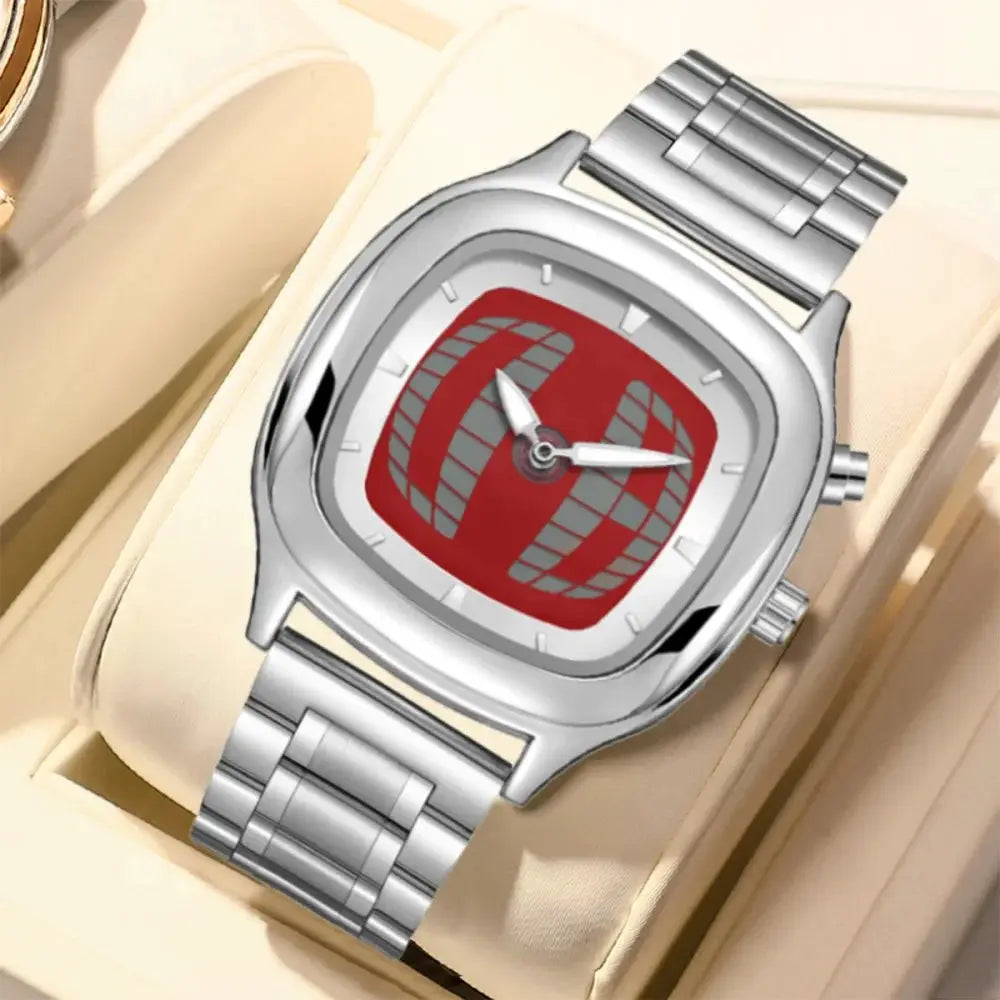 Men's dual-display silver-tone stainless steel watch with red dial bracelet