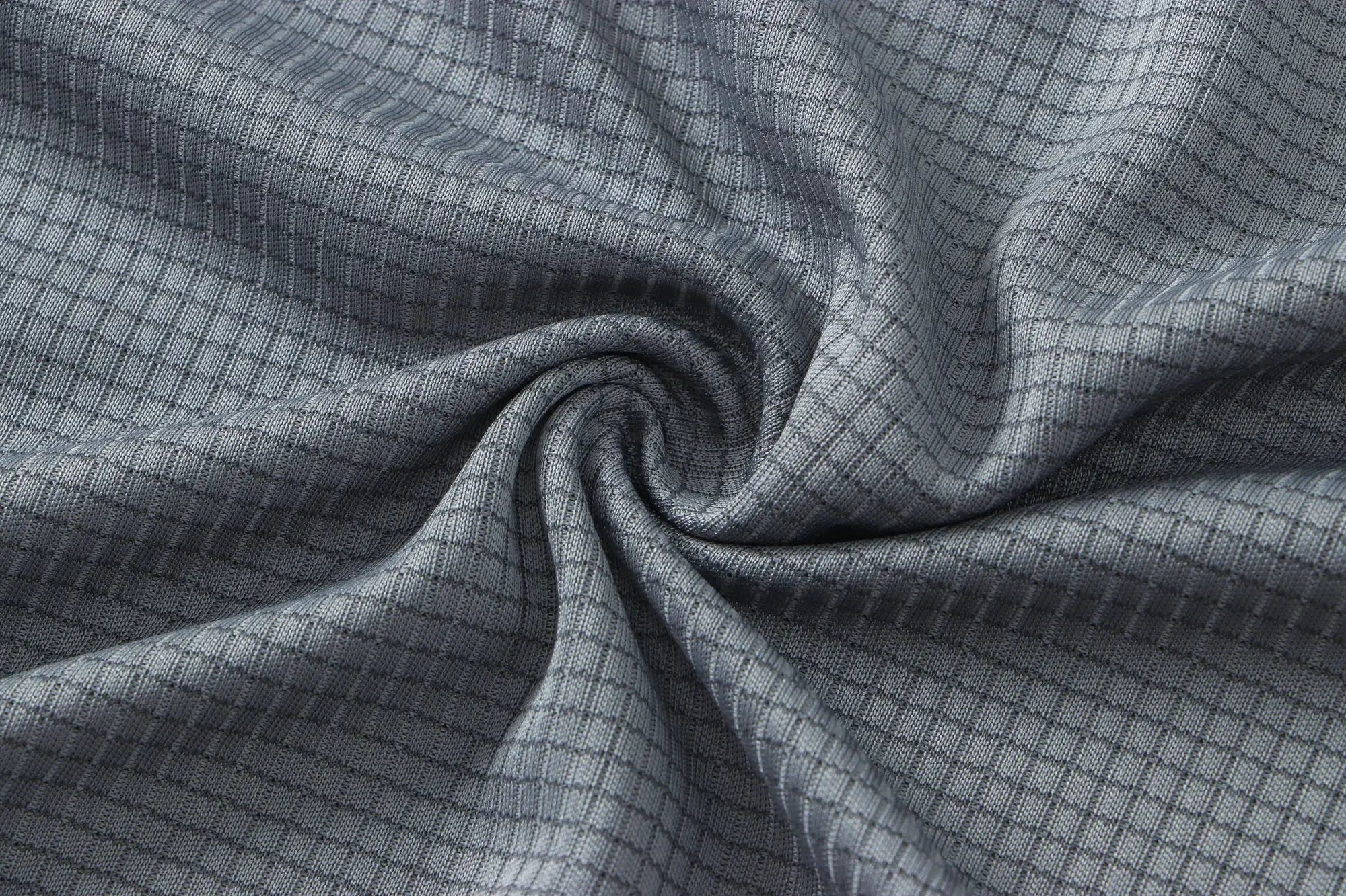 Men's Quick Dry Short Sleeve gym T-shirt fabric close-up in gray, moisture-wicking knit