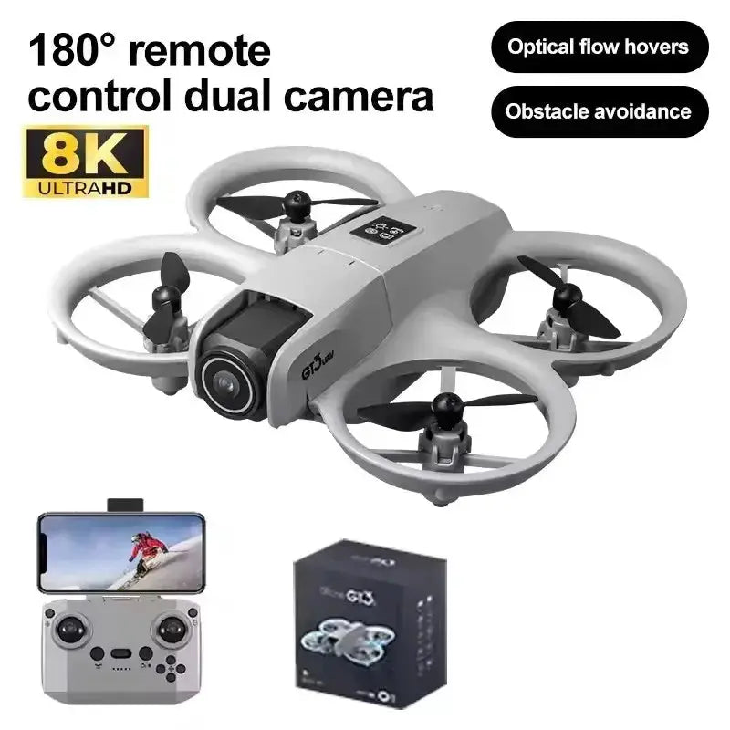 GT3 Max Drone by Simples Market with dual cameras, white/gray quadcopter, remote controller with smartphone, 3-item set