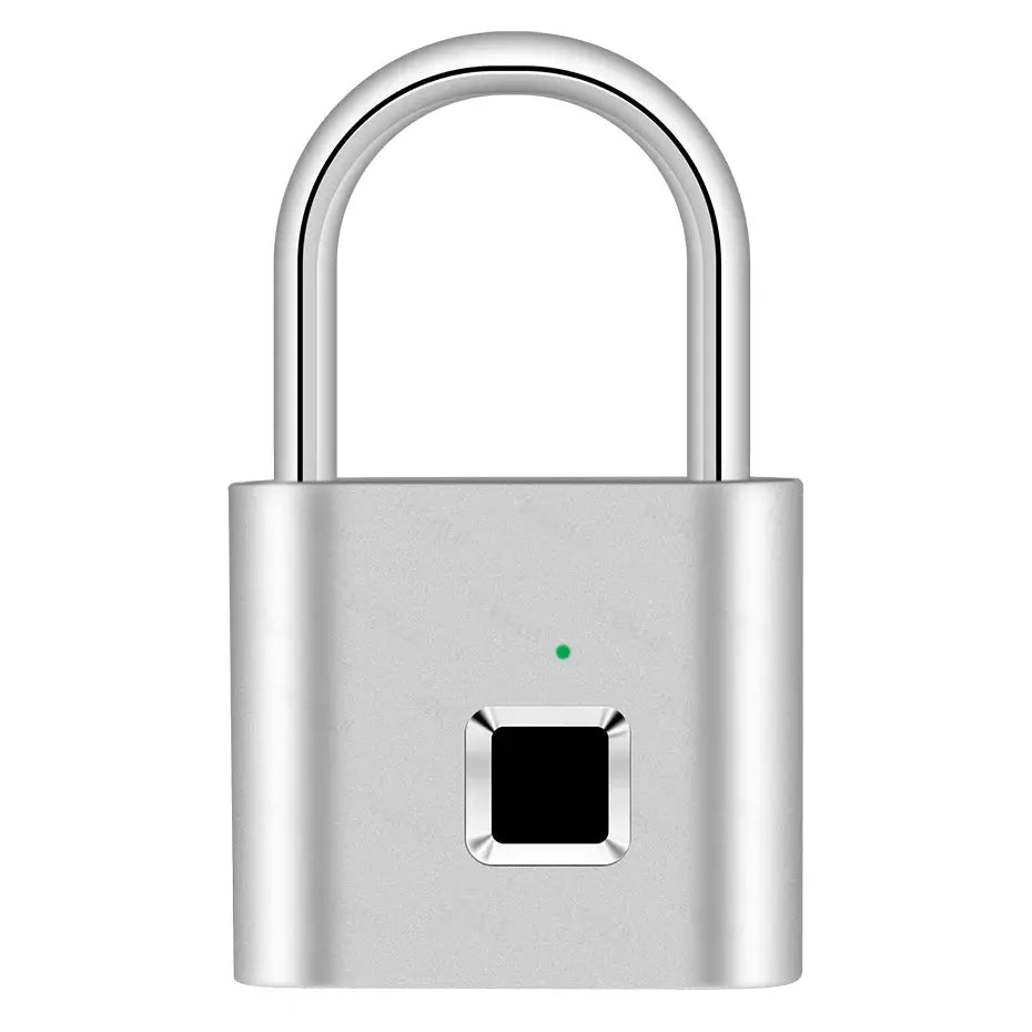Smart fingerprint padlock in silver with square scanner and green LED