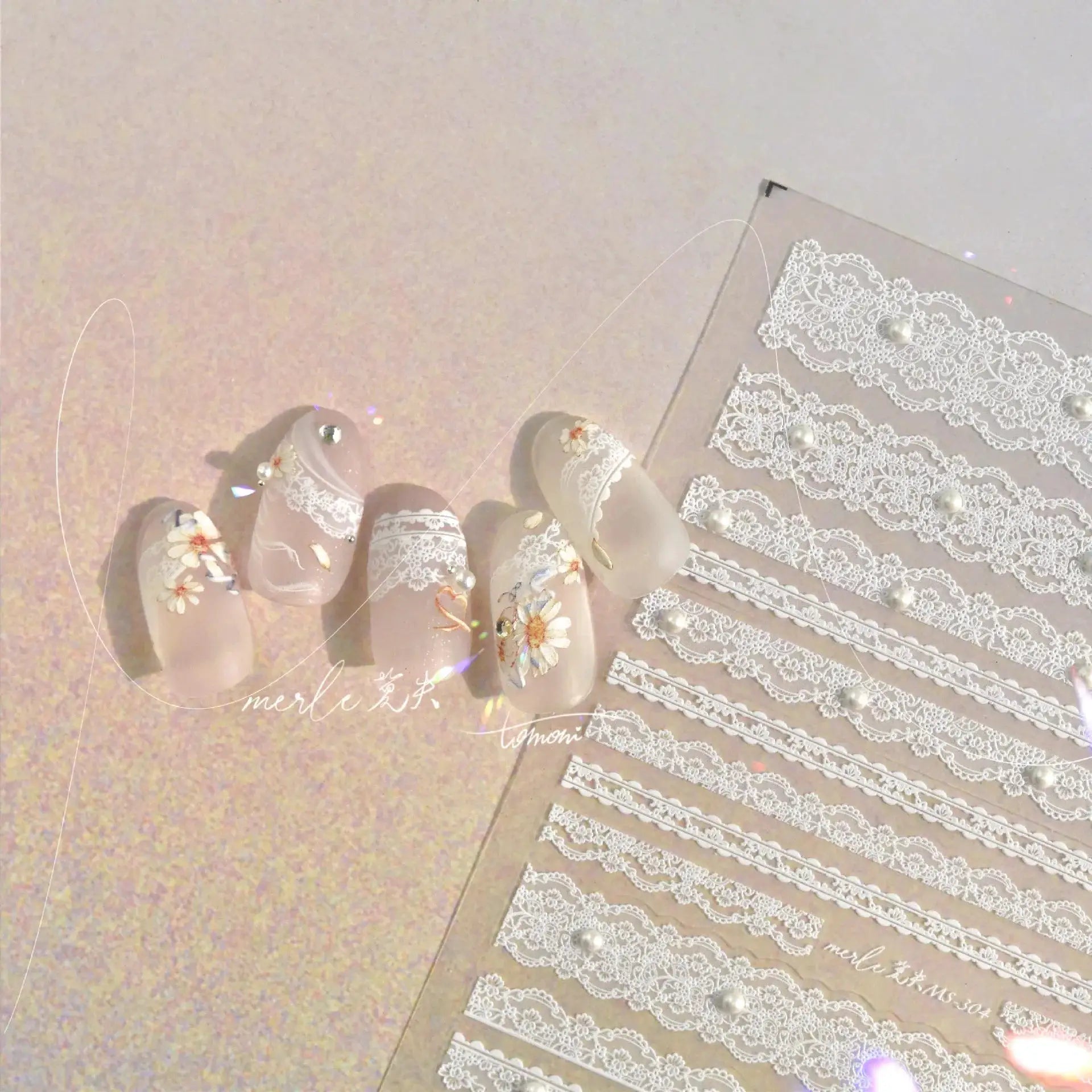 5D Nail Art Stickers by Simples Market: white lace lattice strips with floral bows and pearl accents