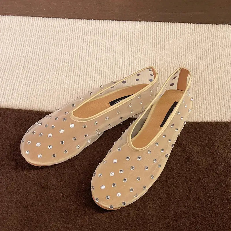 Fish Net Crystal Women Ballet Flats Slip On Dress Shoes Spring 2026