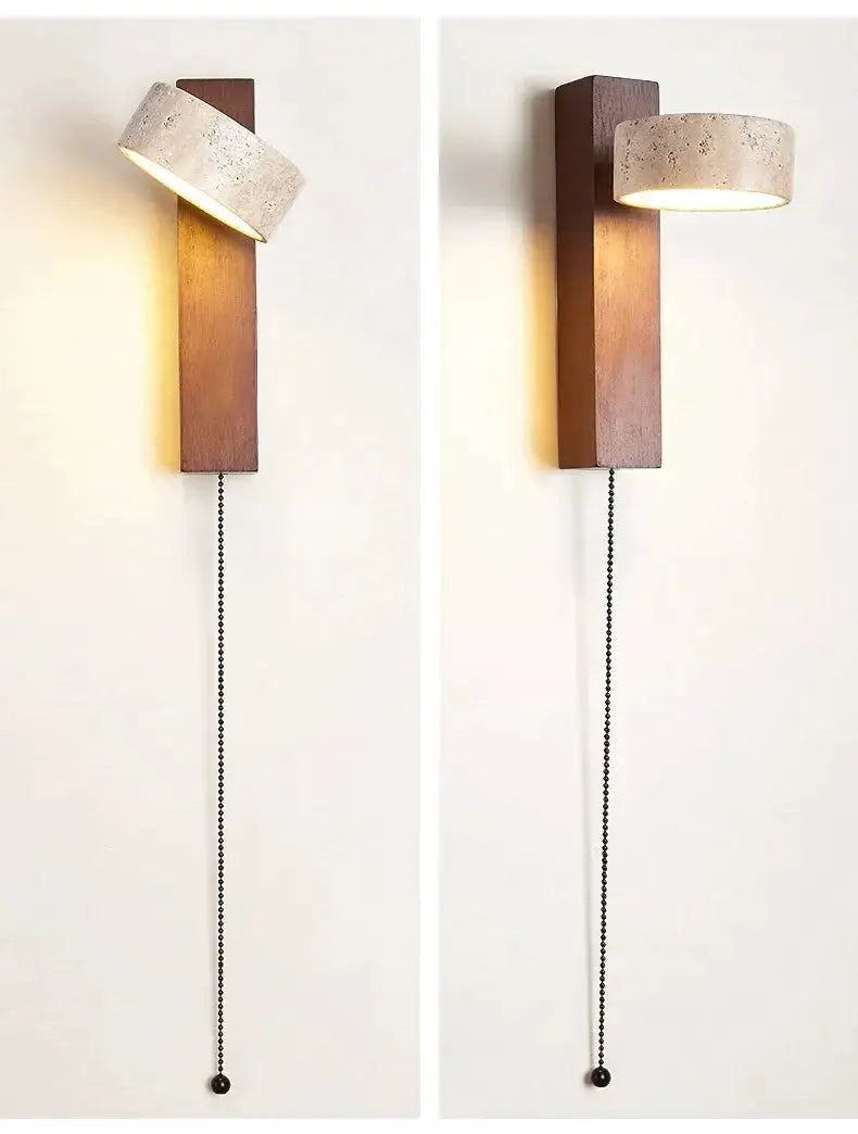 Walnut wood bedside wall lamp with concrete shade, rotatable LED light, pull switch, 2-pack