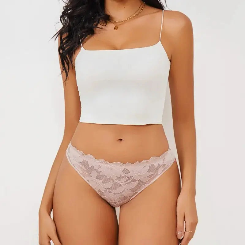 Floral lace panties for women in blush pink, low-rise briefs