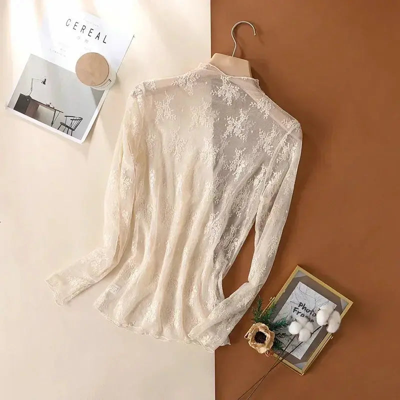 Sexy Women Mesh T Shirt See Through Top Lace Blouse Long Sleeve O Neck Sheer Crop Tee For Night Club Party