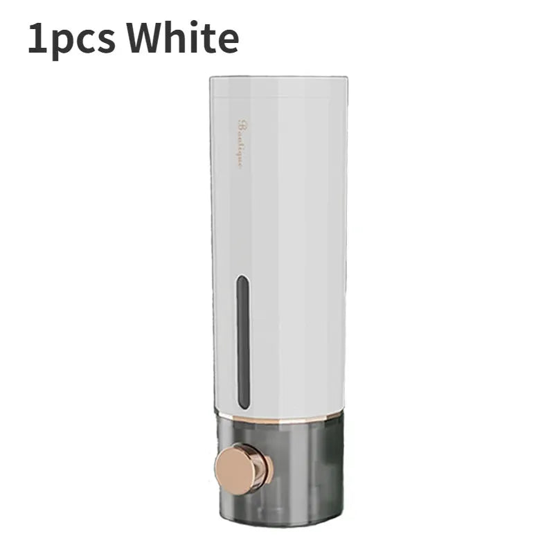 Manual wall-mounted bathroom soap dispenser, white with rose-gold pump by Simples Market.
