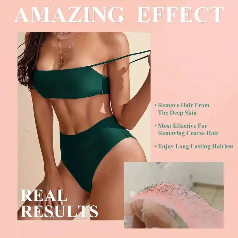 Wax Beans solid hair remover beads by Simples Market for body, face, bikini and legs; model in green bikini