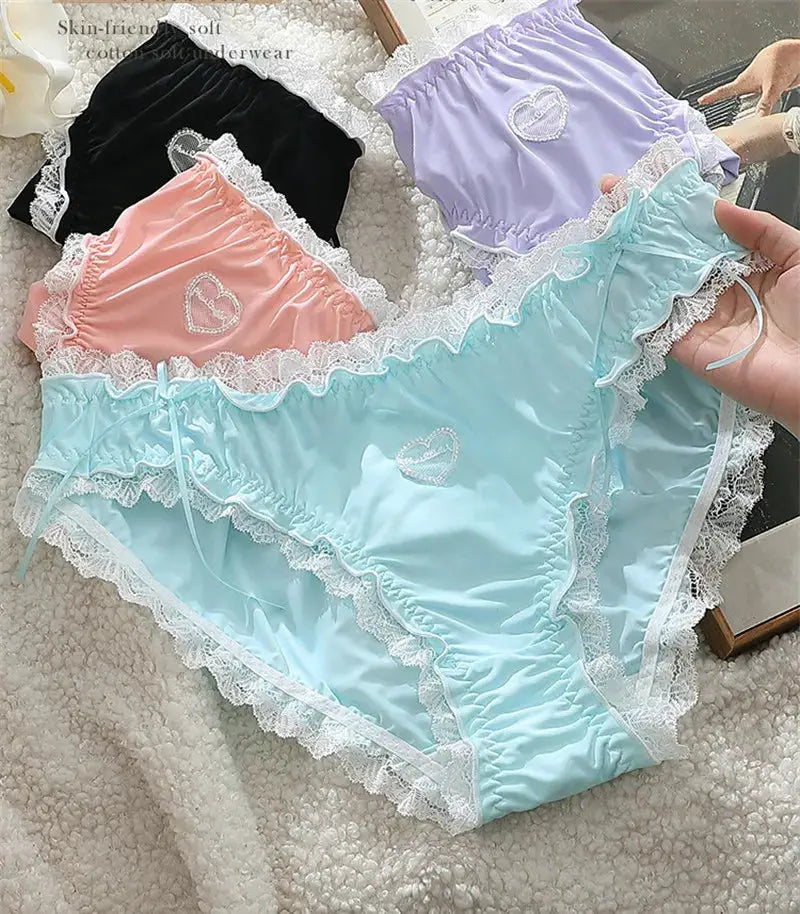 Plus-size lace panties set in assorted colors with heart embroidery and white lace trim (5 colors)