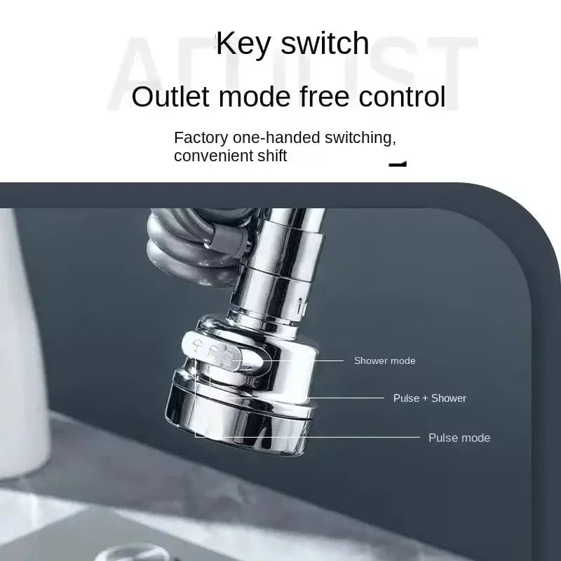 Chrome sink faucet attachment with 3-mode selector and 360° rotation for shower and pulse modes