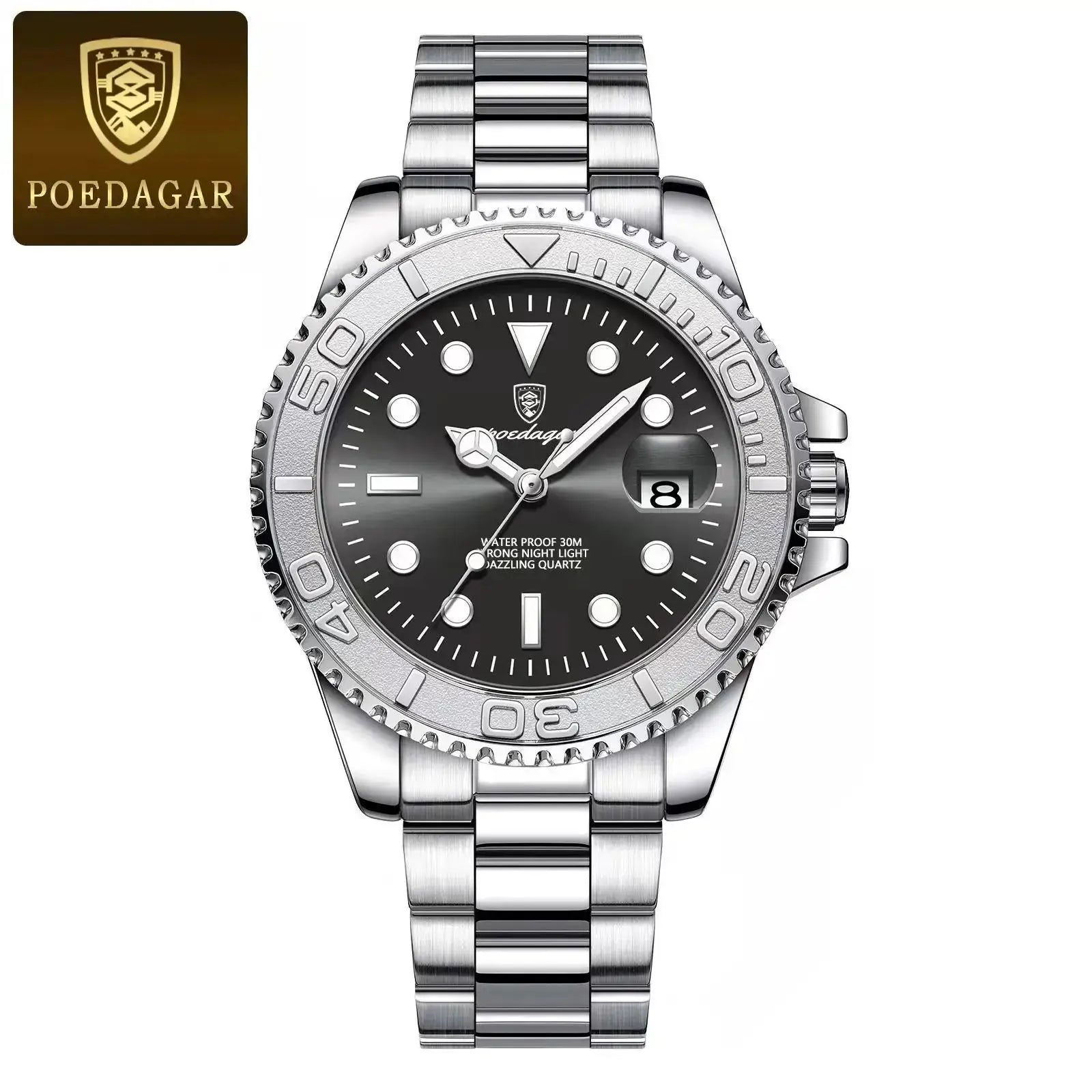 POEDAGAR stainless steel men's luxury watch with black dial, date window and luminous markers