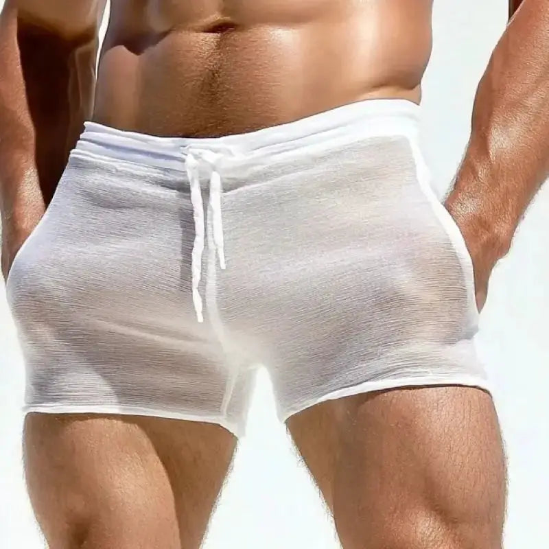 Men's white mesh lounge shorts with drawstring waist, breathable casual wear.