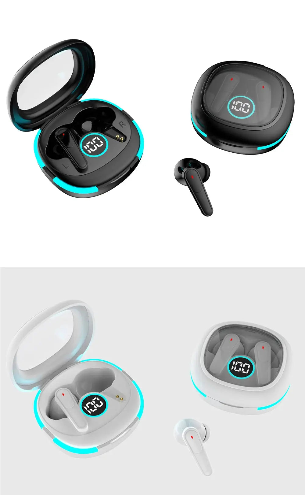 Simples Market Plus50 ANC+ENC true wireless earphones with LED display and smart touch; black and white charging cases.