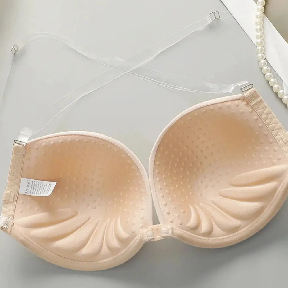 Backless nude push-up bra with front closure and clear multiway straps