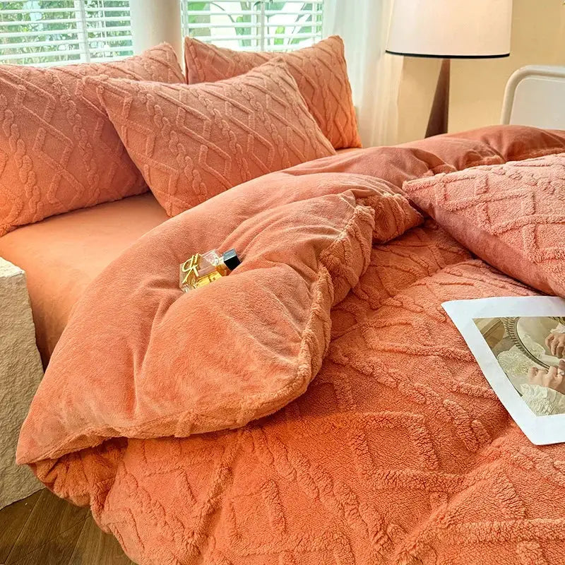 Tafuru Milk Fleece Quilt Set by Simples Market, warm peach solid duvet cover with textured quilting