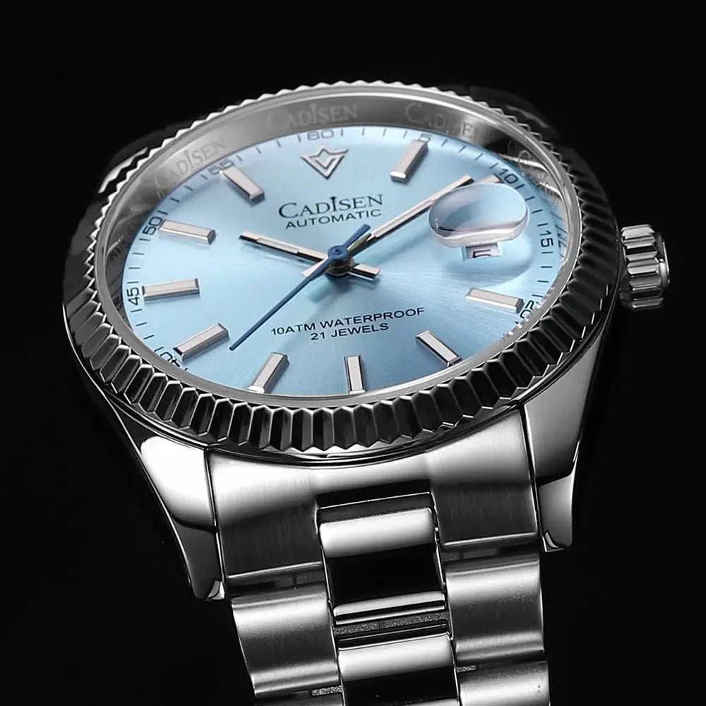 CADISEN automatic wristwatch with blue dial, stainless steel case and bracelet, 100m water resistant