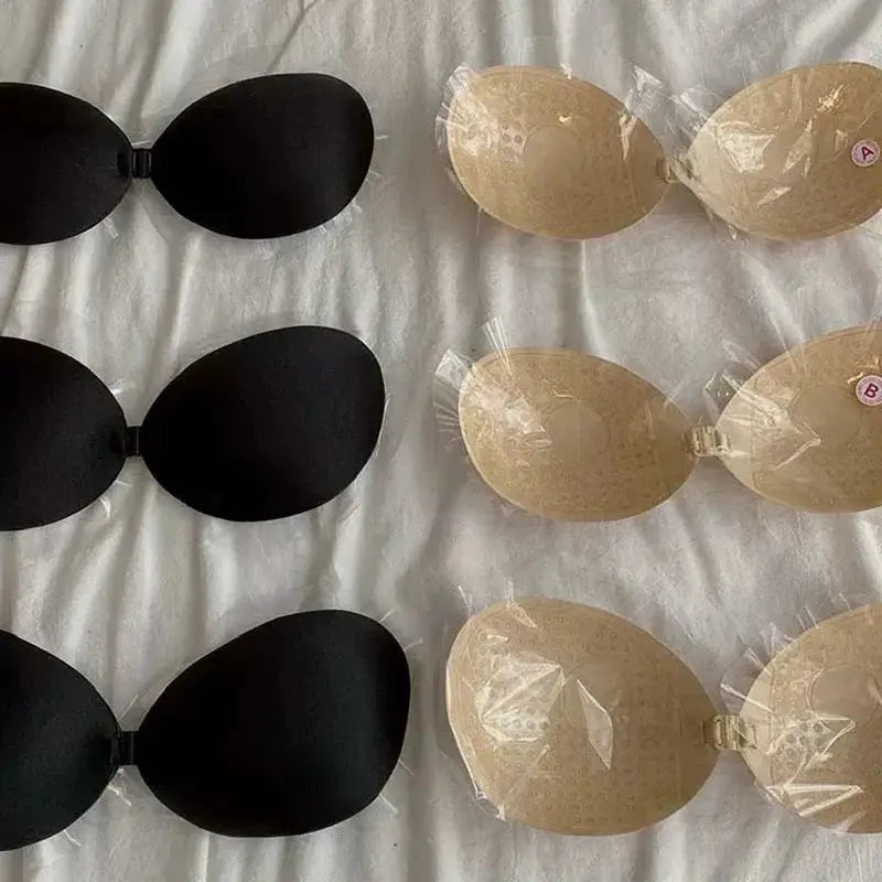 Simples Market strapless adhesive bras; silicone push-up, black trio and nude trio (6 pcs) in packaging
