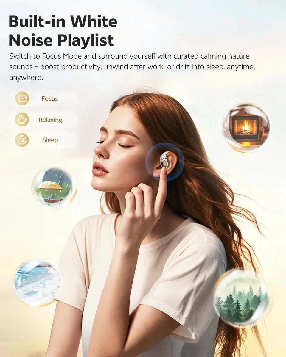 QCY Crossky R70 open-ear wireless earphones; blue-accent earbud worn by woman