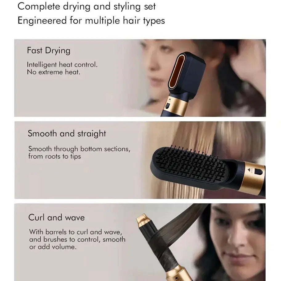 Simples Market 6-in-1 hair dryer multi-styler with brush, curling iron and straightener in black and gold