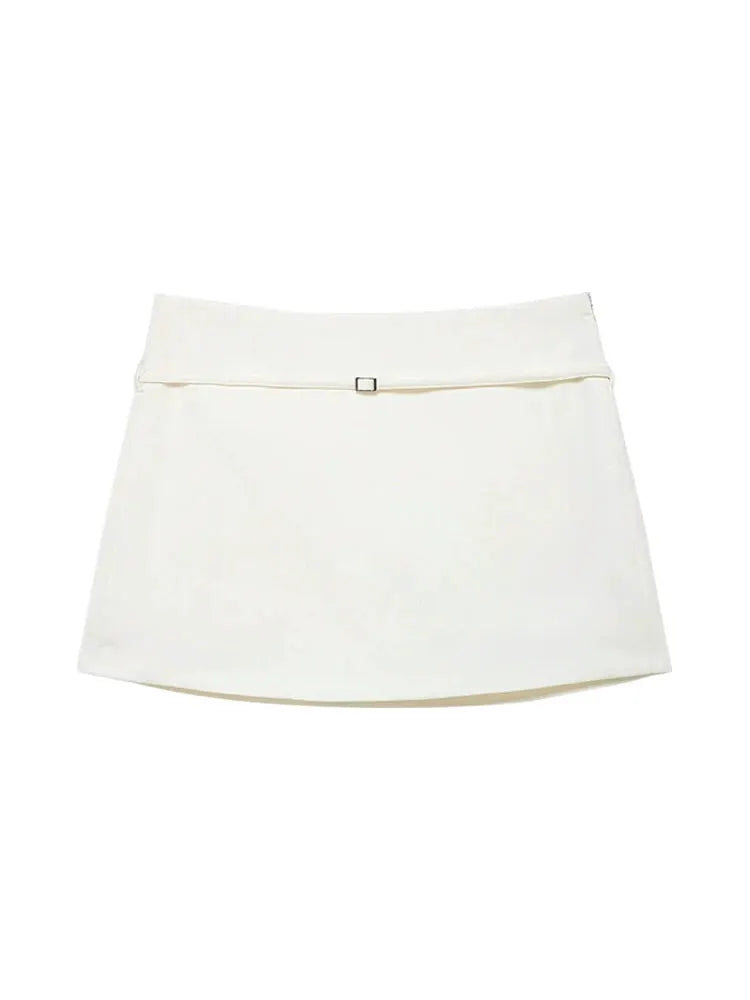 Women's solid cream skort with belt and side zipper, casual chic shorts skirt