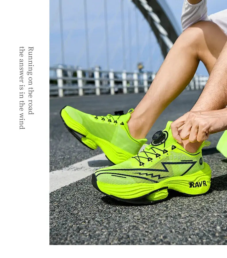 Men's neon yellow running shoes with a chunky sole and lightweight support