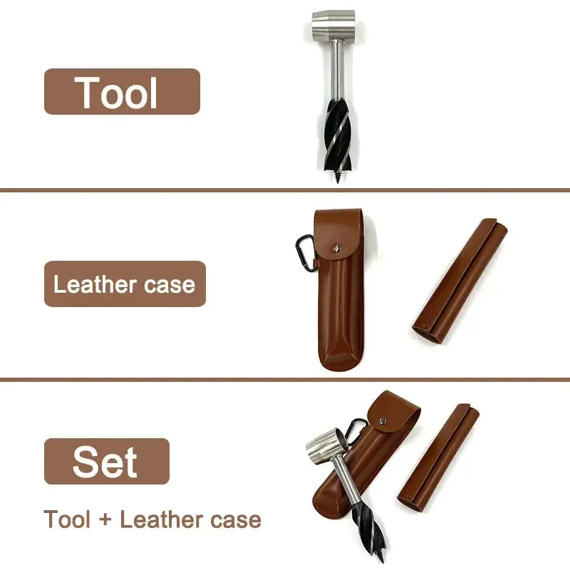 Auger wrench hand drill with metal spiral bit and brown leather case; 2-piece set.